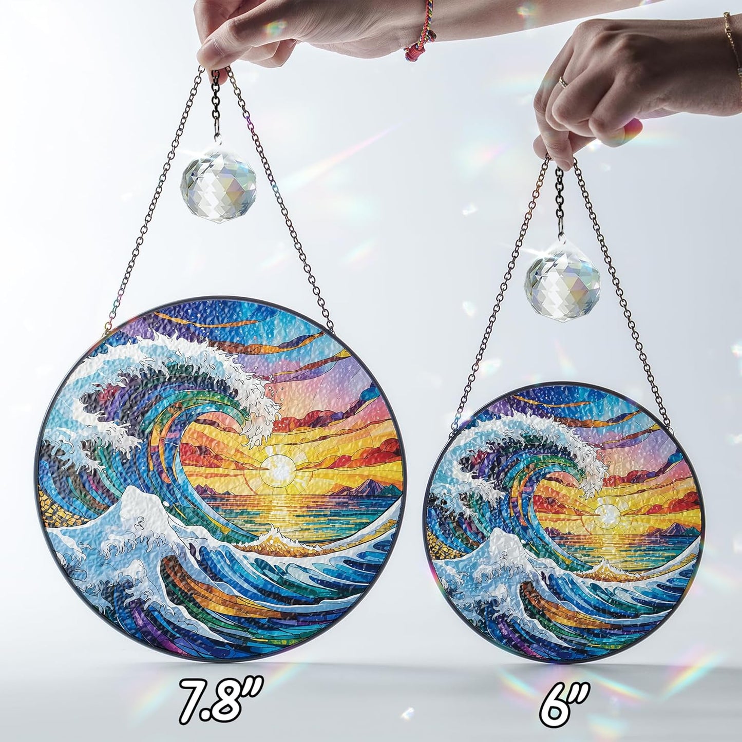 Sea Wave and Sunset Stained Glass Suncatcher – Ocean Window Hanging, Coastal Beach Decor, Unique Glass Sun Catcher Gift for Friends, Family, Couples, and Beach Lovers