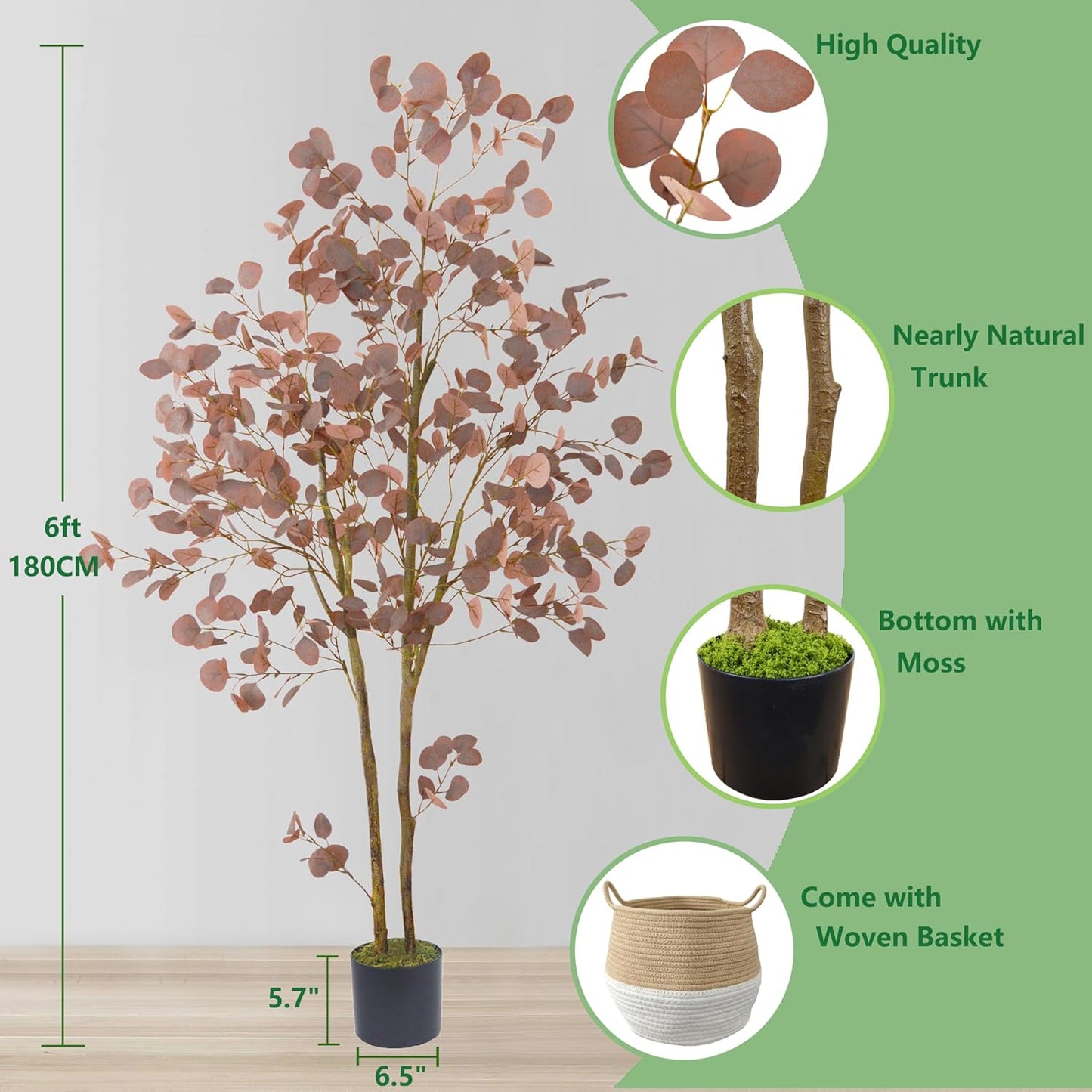 Artificial Eucalyptus Tree, 6ft Fake Eucalyptus Plant with Basket, Red Silver Dollars Silk Leaves Faux Tree for Home Office Perfect Housewares Gift Decoration