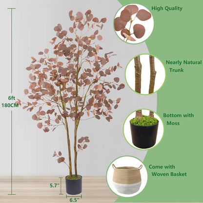 Artificial Eucalyptus Tree, 6ft Fake Eucalyptus Plant with Basket, Red Silver Dollars Silk Leaves Faux Tree for Home Office Perfect Housewares Gift Decoration
