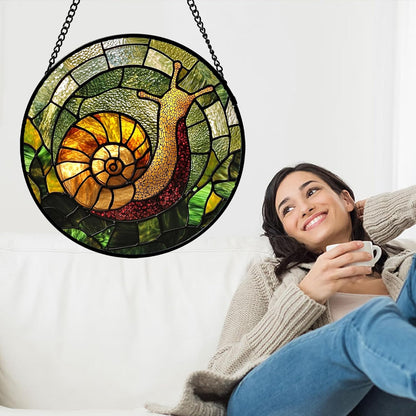 Stained Glass Window Hanging, Green Orange Snail Sun Catcher for Door Home Decor Suncatcher Christmas Mother's Day Birthday Gifts for Women Men Mom and Nana 9.8 in