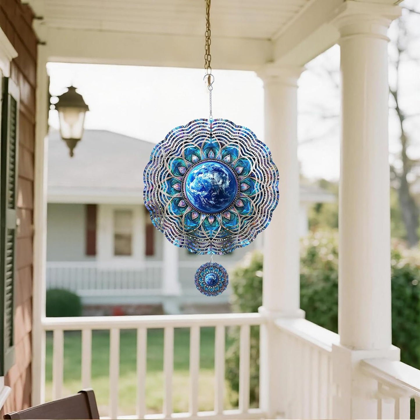 Wind Spinners Outdoor, Retro Blue Lotus Earth 3D Stainless Steel Wind Sculpture Spinner for Garden Outside Hanging Decor Mother's Day Christmas Birthday Gift for Women Men Mom Nana 13.7 in