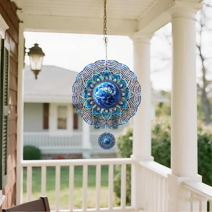 Wind Spinners Outdoor, Retro Blue Lotus Earth 3D Stainless Steel Wind Sculpture Spinner for Garden Outside Hanging Decor Mother's Day Christmas Birthday Gift for Women Men Mom Nana 7.8 in