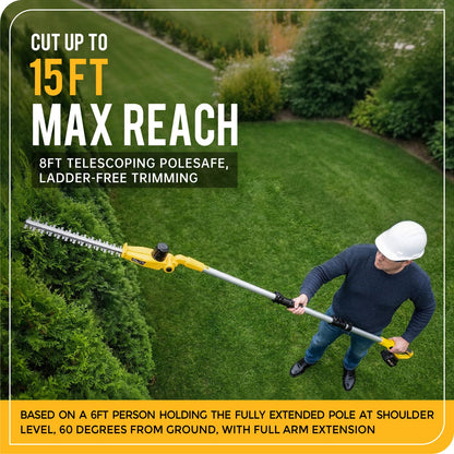 YDlawn 20V Cordless Pole Hedge Trimmer, 15 Ft Reach, 2 x 4.0Ah Batteries