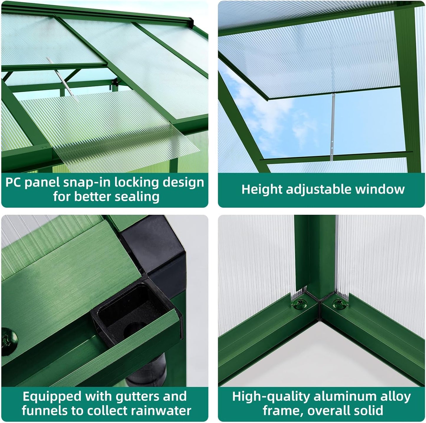 6x8 FT Greenhouse for Outdoors, Aluminum Greenhouse with Quick Setup Structure and Roof Vent, Polycarbonate Greenhouses Heavy Duty, Large Walk-in Green House for Winter Garden, Backyard, Patio, Lawn