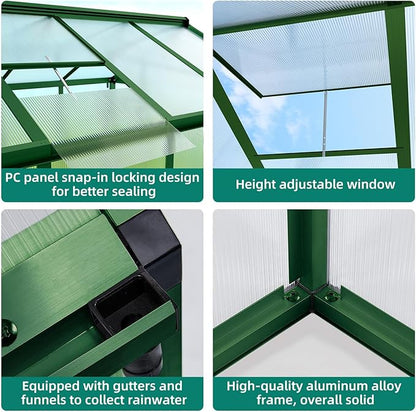 6x8 ft Greenhouse, Large Aluminum Greenhouses for Outdoors, Heavy Duty Polycarbonate Greenhouse with Roof Vent, Walk-in Green Houses for Winter Garden, Backyard, Patio, Lawn, Easy Assembly