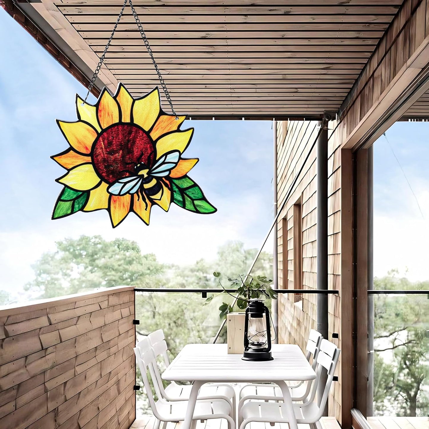 Stained Glass Suncatcher, Sunflower and Ladybug Window Hanging, Hand-Painted (Style 3)