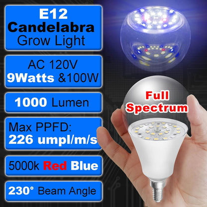 E12 Candelabra Small Base Grow Light Bulbs for Indoor Plants Full Spectrum 9W Grow Lamp 100W Replace with Blue Red 5000K LEDs for Seeds and Greens,Laboratory,Greenhouse,Garden,DIY Horticulture, 3 Pack
