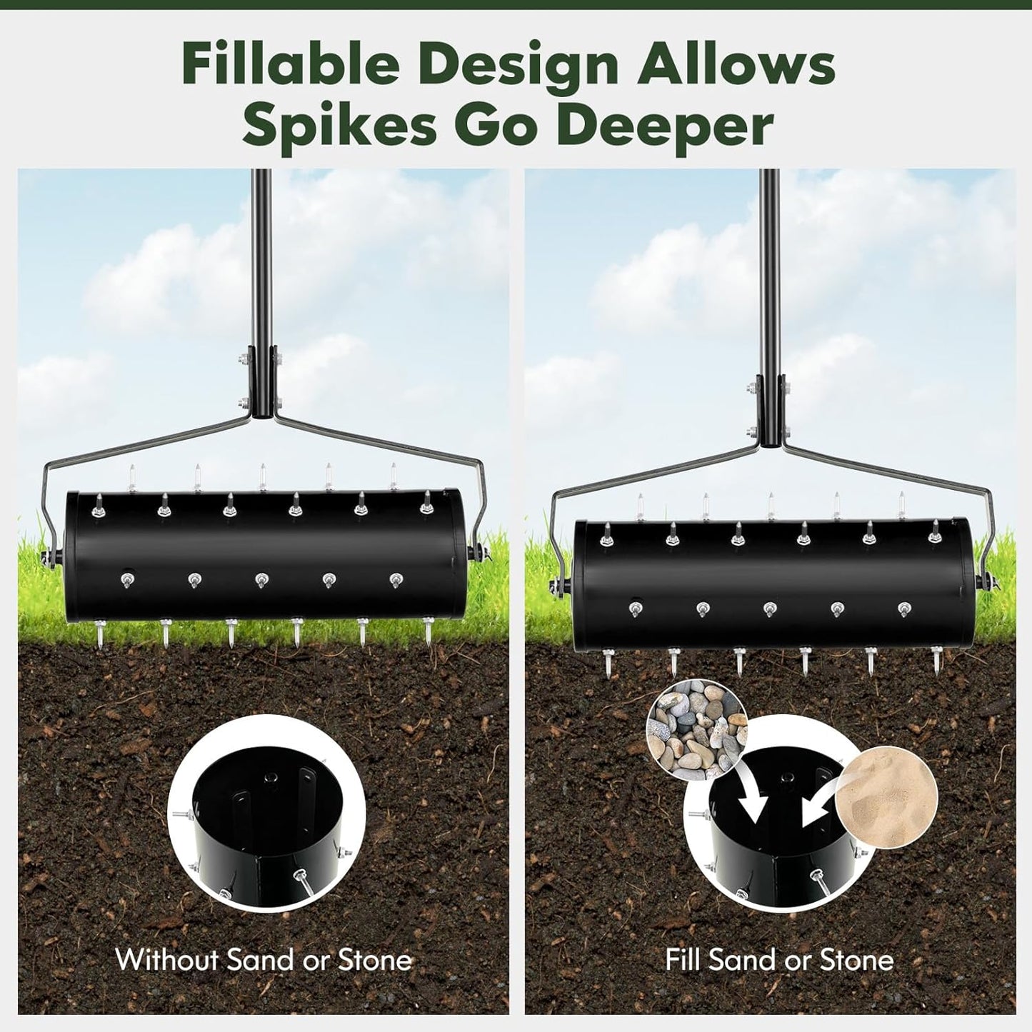 S AFSTAR 21" Manual Lawn Aerator, Heavy Duty Rolling Aerator Lawn Tool Filled Sand Stone with 51" Detachable Handle & Tine Spikes for Soil Loosening, Push Grass Aeration for Garden Yard, Black