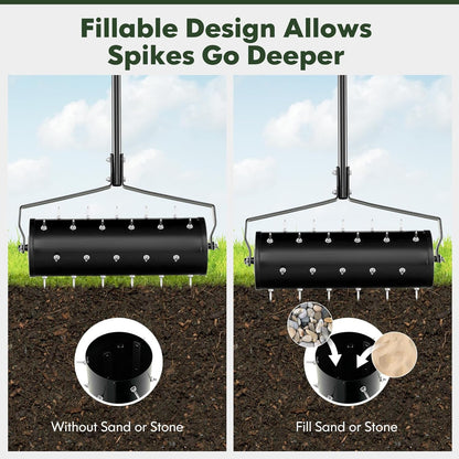 S AFSTAR 21" Manual Lawn Aerator, Heavy Duty Rolling Aerator Lawn Tool Filled Sand Stone with 51" Detachable Handle & Tine Spikes for Soil Loosening, Push Grass Aeration for Garden Yard, Black