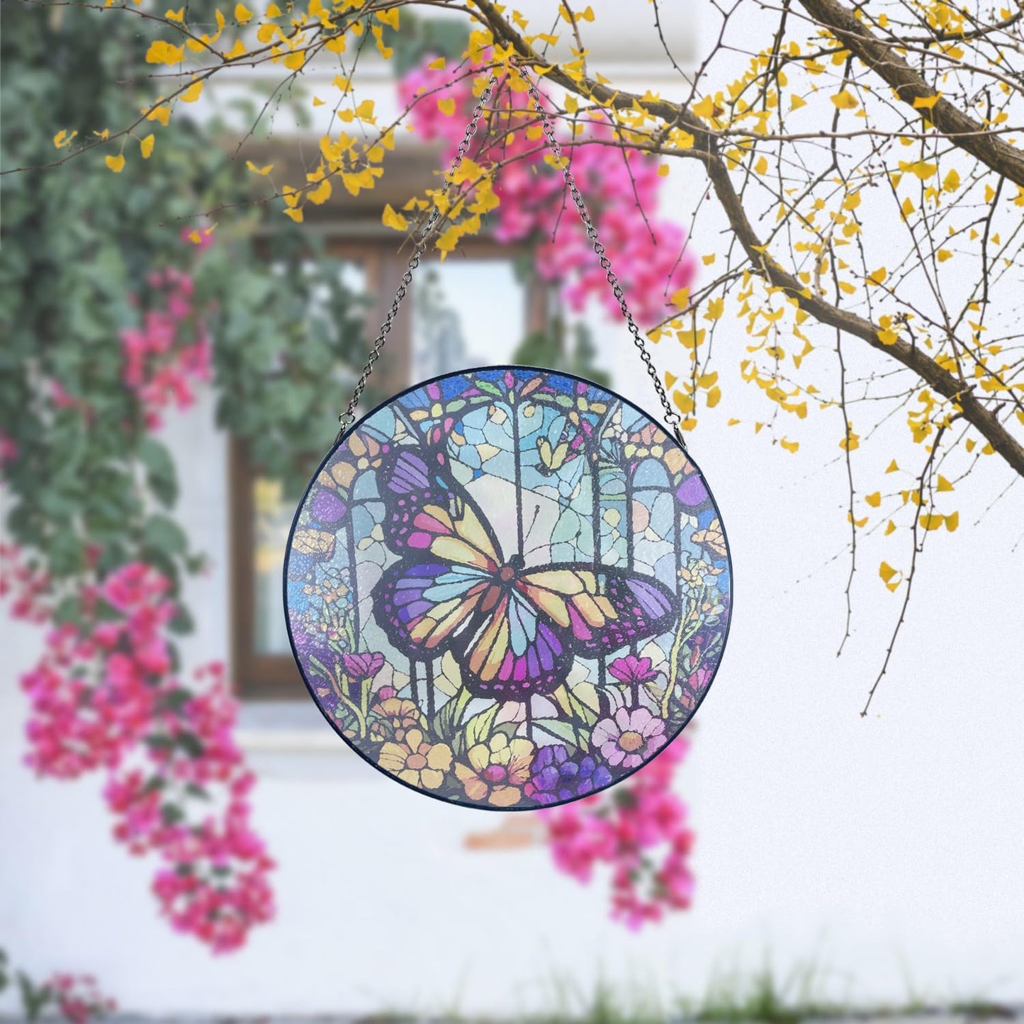 12''Stained Glass,Large Butterfly Decor Window Hanging,Handmade for Window Decoration,Painted Stained Glass Suncatcher,with Metal Chain