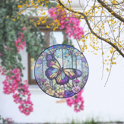 12''Stained Glass,Large Butterfly Decor Window Hanging,Handmade for Window Decoration,Painted Stained Glass Suncatcher,with Metal Chain