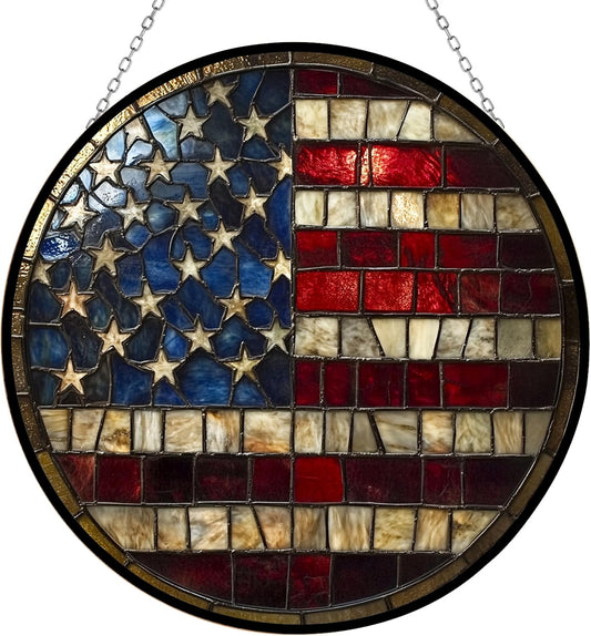 USA Flag Stained Glass Sun Catcher Mountain Stained Glass Window Hanging, Suncatchers Lavender Wall