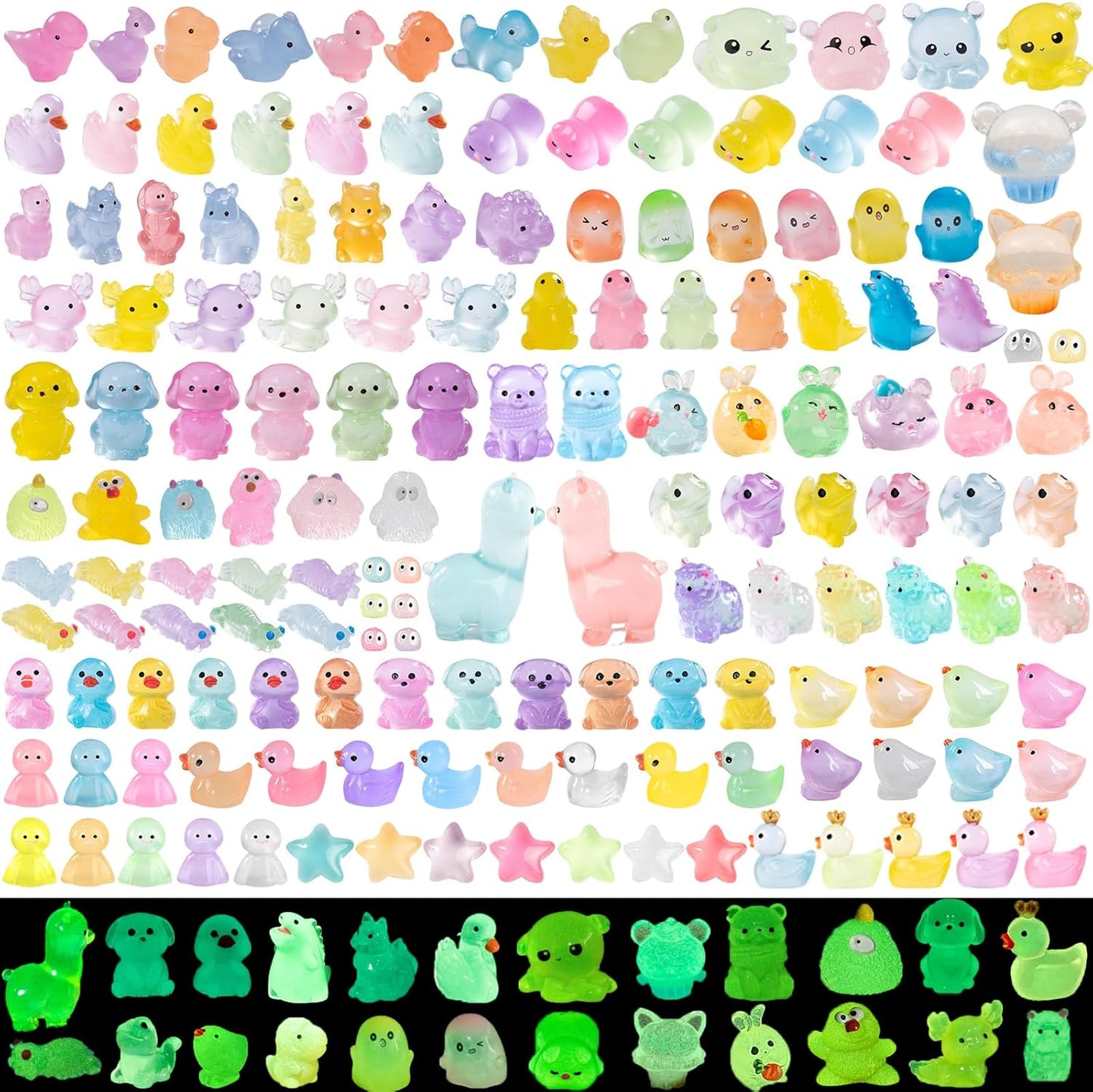 Luminous Mini Resin Animals 200 Pcs Tiny Resin Animals Figurines to Hide Mini Ducks Dinosaurs Glow in Dark for DIY Garden Miniatures Fairy Garden Accessories