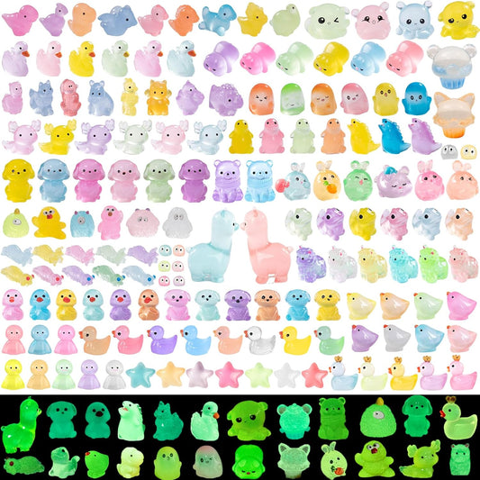 Luminous Mini Resin Animals 200 Pcs Tiny Resin Animals Figurines to Hide Mini Ducks Dinosaurs Glow in Dark for DIY Garden Miniatures Fairy Garden Accessories