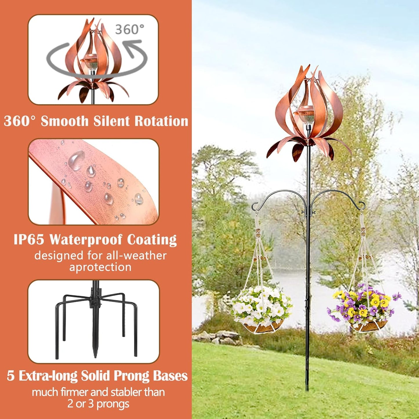 Solar Wind Spinner Outdoor Metal 83 Inch Windmill for Yard Garden Patio Decor Metal Yard Art Garden Art Easter Outdoor Decors Large Landscape Light with Shepherd Hooks Coconut Baskets