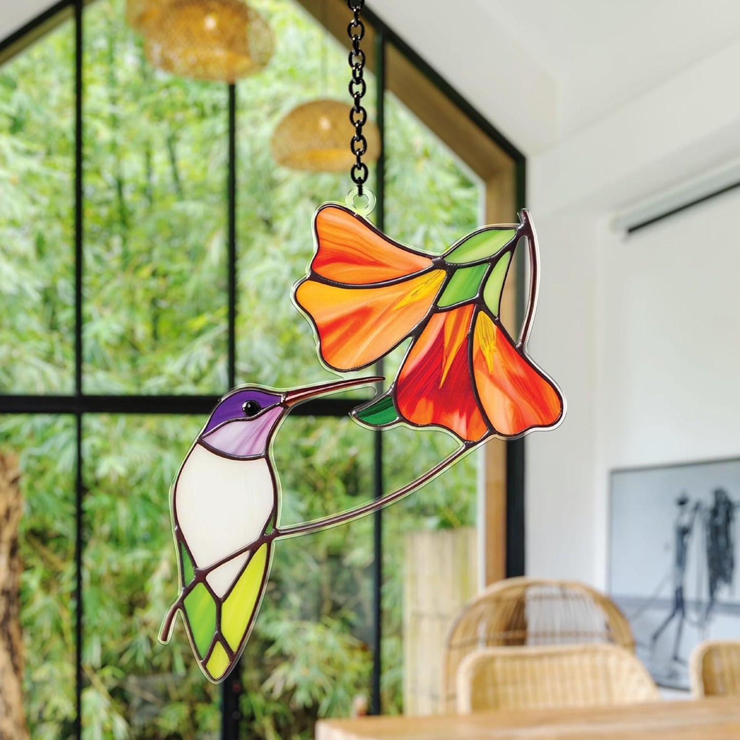 Hummingbird Hibiscus Acrylic Suncatchers, Bird and Flower Sun Catcher Indoor Window Hanging, Handmade Floral Art Decor, Birthday Gift for Mom Nature Lovers Bird Lovers Women Friend