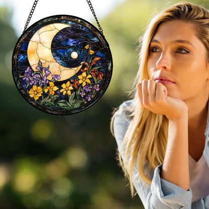 Stained Glass Window Hanging - Blue Night Sky Moon Suncatcher for Door Terrace Garden Home Decor Wildflowers Sun Catcher Birthday Gifts for Lovers Women Men Dad Mom Nana 11.8 in