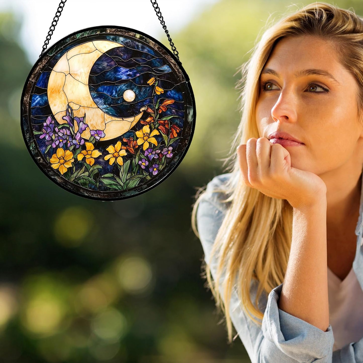 Stained Glass Window Hanging - Blue Night Sky Moon Suncatcher for Door Terrace Garden Home Decor Wildflowers Sun Catcher Birthday Gifts for Lovers Women Men Dad Mom Nana 6.3 in