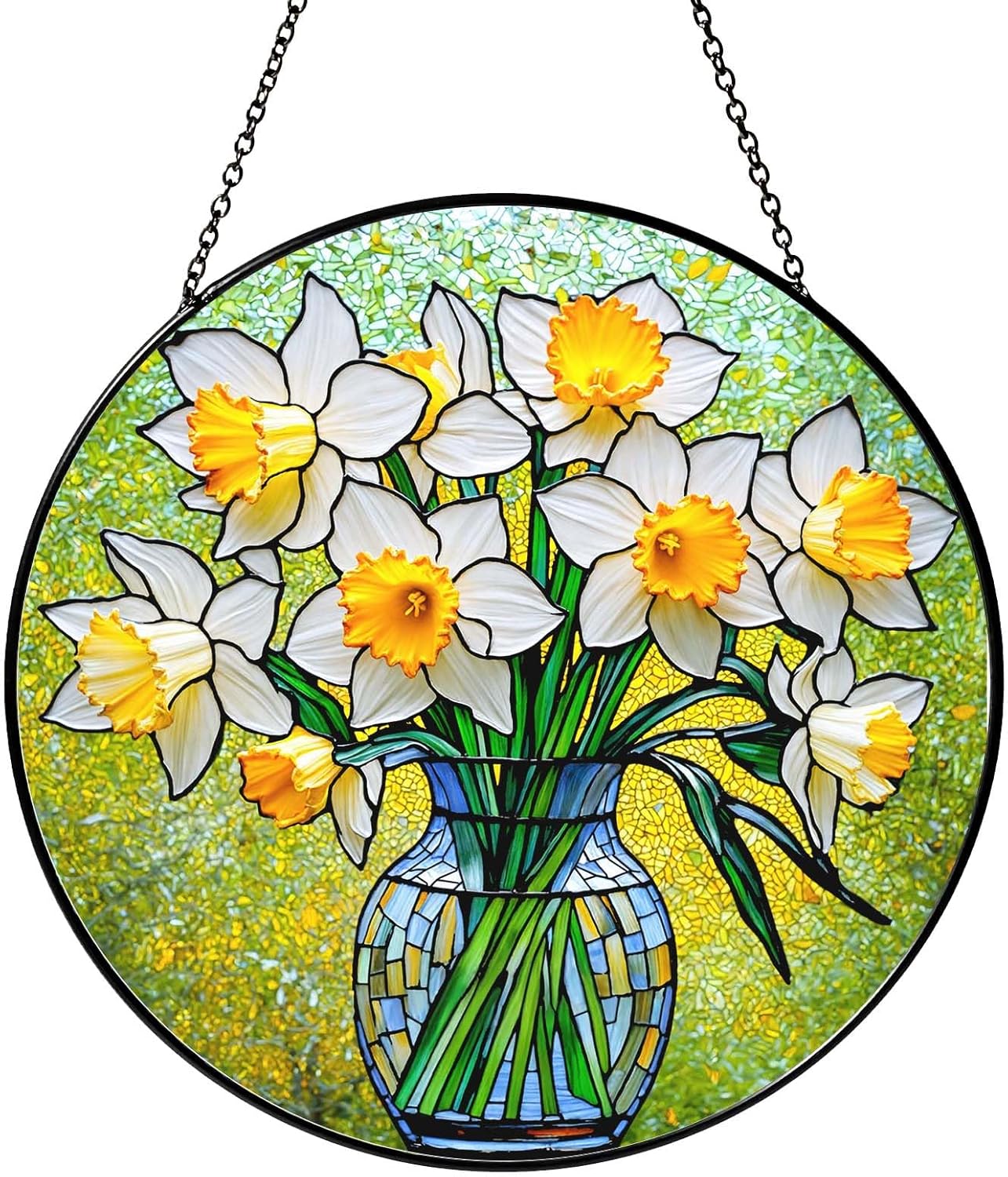 Daffodils Stained Glass Window Hanging Daffodils SunCatcher Plant Flower Gifts for Women Wall Decor Handmade SunCatcher Decoration for Garden Home Decor, 7.87inch