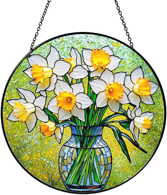 Daffodils Stained Glass Window Hanging Daffodils SunCatcher Plant Flower Gifts for Women Wall Decor