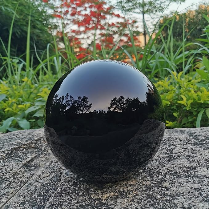 Black Gazing Globe Mirror Ball in Stainless Steel, Shiny Hollow Sphere Sparkling Housewarming Outdoor Party Ornament (Black, 8 inches)