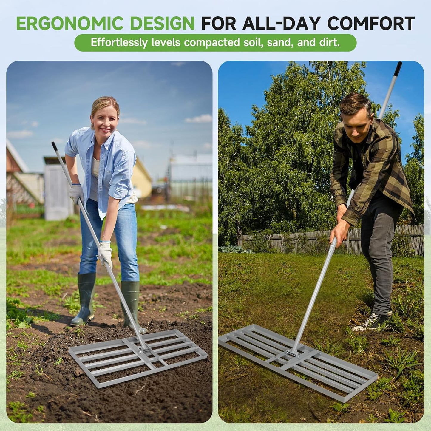 Lawn Leveling Rake – Heavy-Duty Galvanized Steel Yard Leveling Rake with Adjustable 36x12 Inch Rack Head & Extendable 52-78 Inch Handle, Rust-Resistant, All-Welded, Gloves Included
