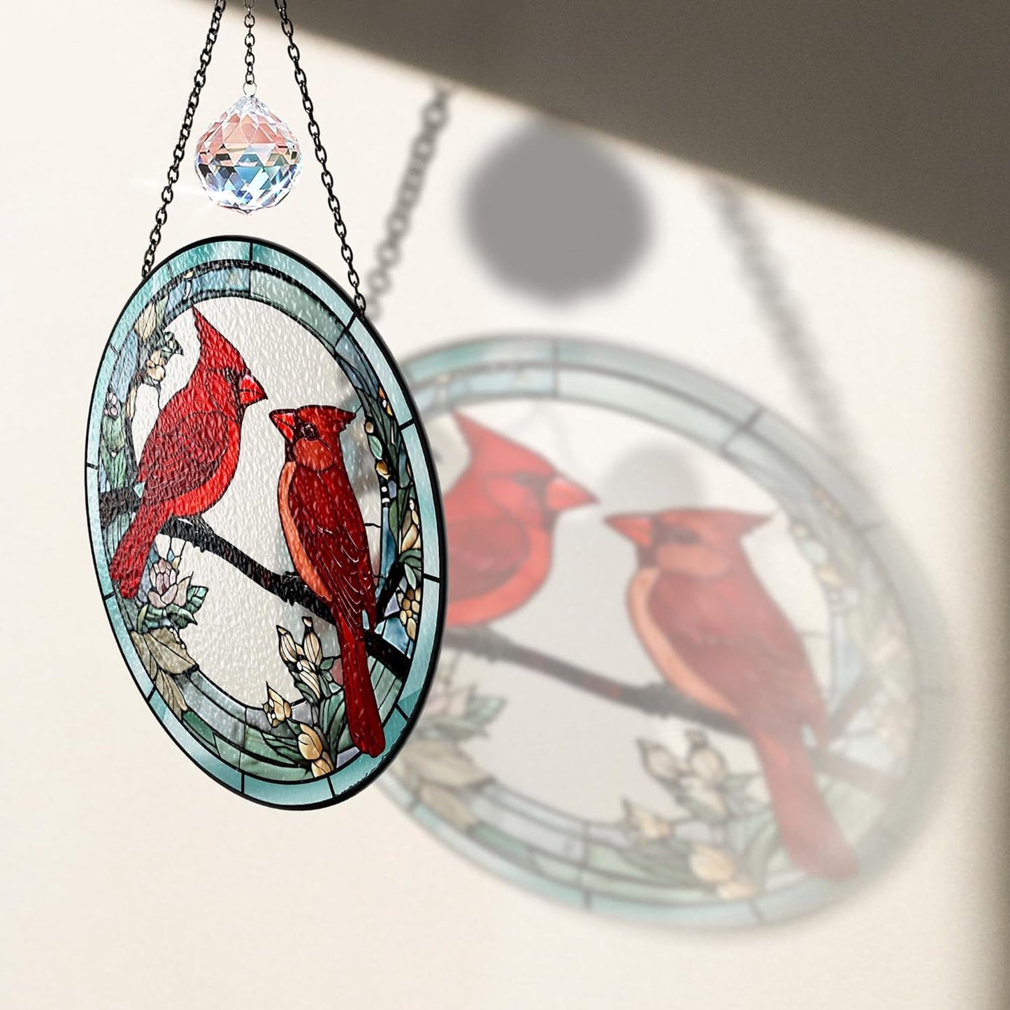 7.8" Cardinal Stained Glass Suncatchers, Red Birds and Flower Art Glass Sun Catcher for Window Hanging, Gifts for Bird Lovers Women Grandma Mom, Memorial Keepsake Painted Panel Décor BIRD-02B-SG8