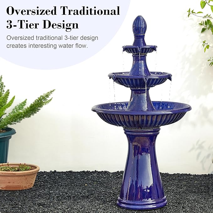 Glitzhome Water Fountain Outdoor Floor-Stand Fountain with LED Light & Pump Oversized 3 Tier Ceramic Cobalt Blue Patio Fountains and Waterfalls Outdoor Yard Fountains for Lawn Garden Backyard