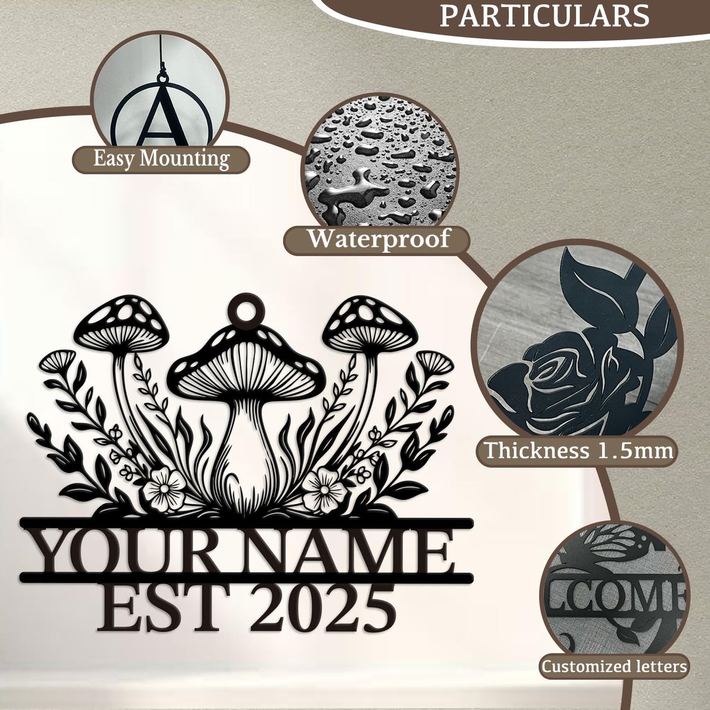 Personalized Customize Name Fantasy Mushroom Wonderland Wind Chime, Metal Iron 37 Inch Outdoor Memorial Gift for Garden Yard Patio Home Decor, Black (Style A)