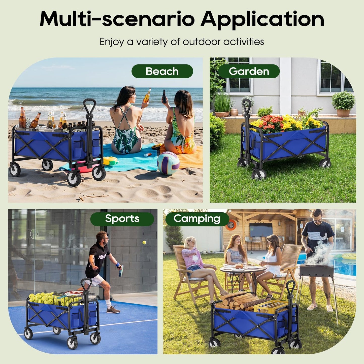 Garden Cart Folding Wagon Garden Cart Collapsible Wagon with Adjustable Handle &360°Universal Wheels for Garden Camping Shopping Beach (Blue)