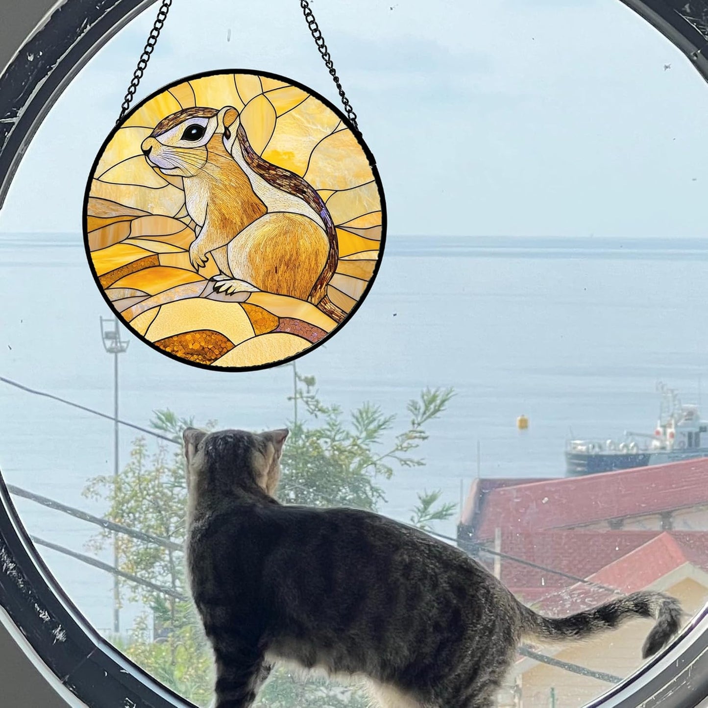 Stained Glass Window Hanging 4 Pcs Set Animals Large 11.8" - Desert Landscape Yellow Suncatcher Door Garden Sun Catcher Decor Birthday Christmas for Mom Woman Nana Men