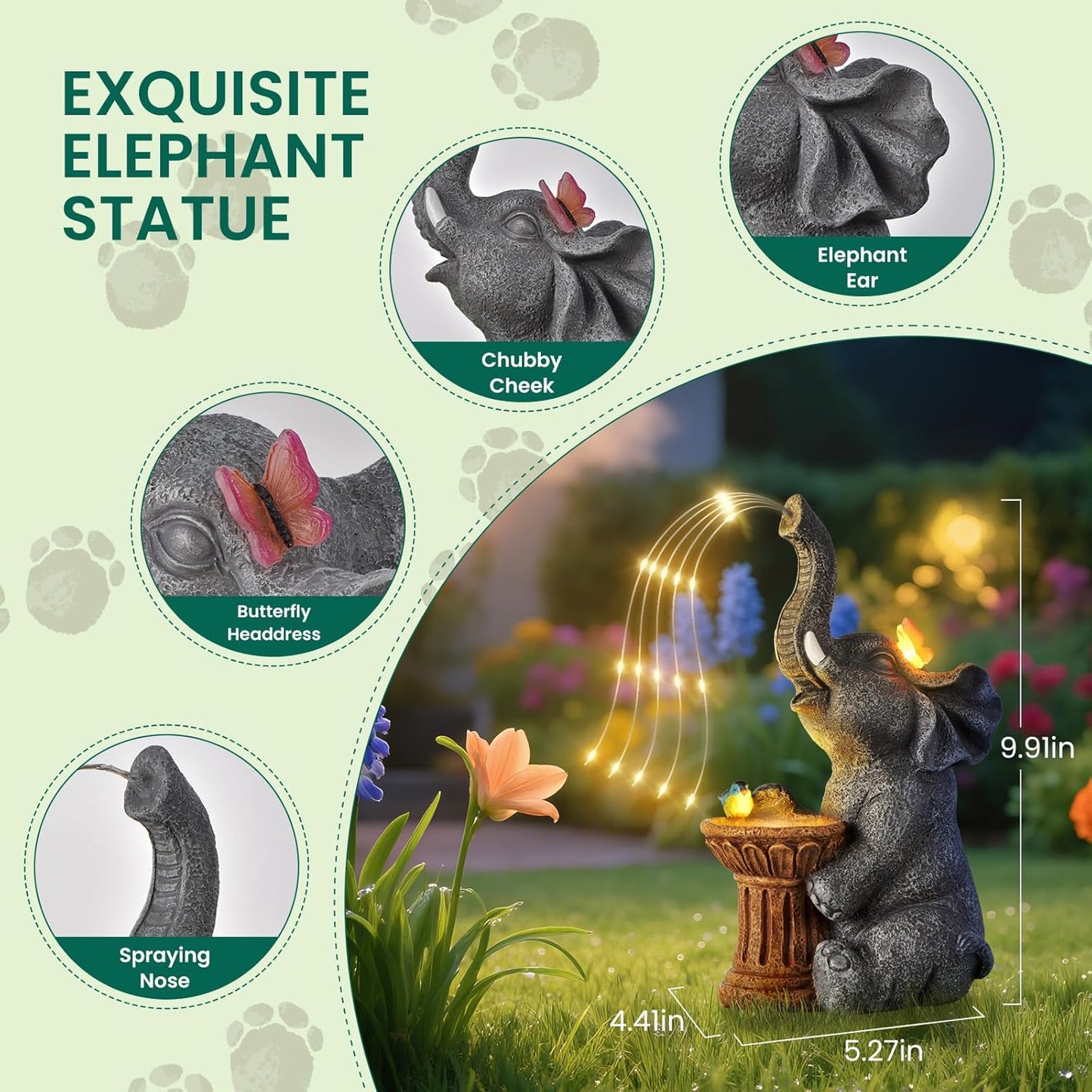 Elephant Statue Garden Decor- Outdoor Decoration with Solar Powered LED Lights, Birthday Gifts for Women, Garden Gifts for Mom, Decorations for Courtyard, Patio, Lawn, Yard