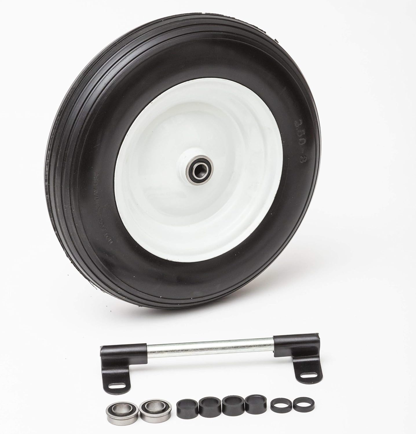 Flat Free Universal Wheelbarrow Replacement Tire | Complete Wheel Assembly | White Rim and Ribbed Tread | 14" Wheel | Adapter Kit Included