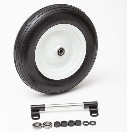 Flat Free Universal Wheelbarrow Replacement Tire | Complete Wheel Assembly | White Rim and Ribbed Tread | 14" Wheel | Adapter Kit Included