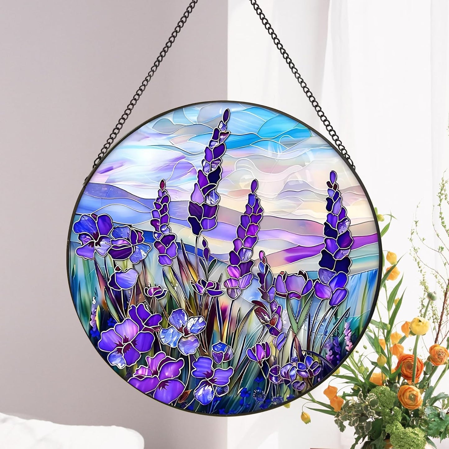 Lavender Suncatcher Hanging Stained Glass Window Decor, 9.8''/25CM Texas Bluebonnet Sun Catcher for Wall Art, Gift for Women