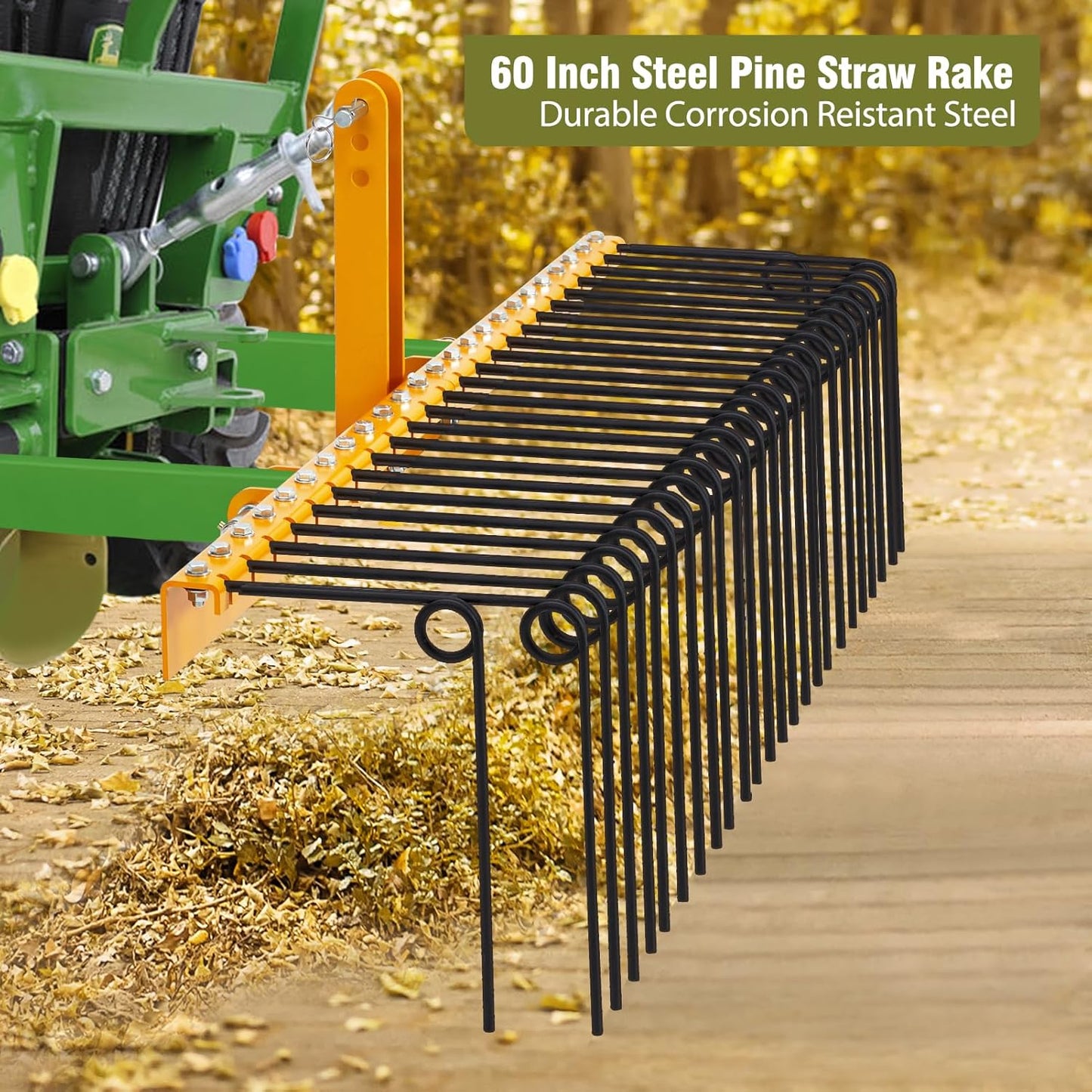 GAOMON 60 Inch Pine Straw Rake, 26 Coil Spring Tines Durable Powder Coated Steel Tow Behind Landscape Rake with 3 Point Hitch Receiver Attachment Fit to Cat0 Cat 1 Tractors for Leaves Grass, Yellow