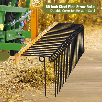 GAOMON 60 Inch Pine Straw Rake, 26 Coil Spring Tines Durable Powder Coated Steel Tow Behind Landscape Rake with 3 Point Hitch Receiver Attachment Fit to Cat0 Cat 1 Tractors for Leaves Grass, Yellow