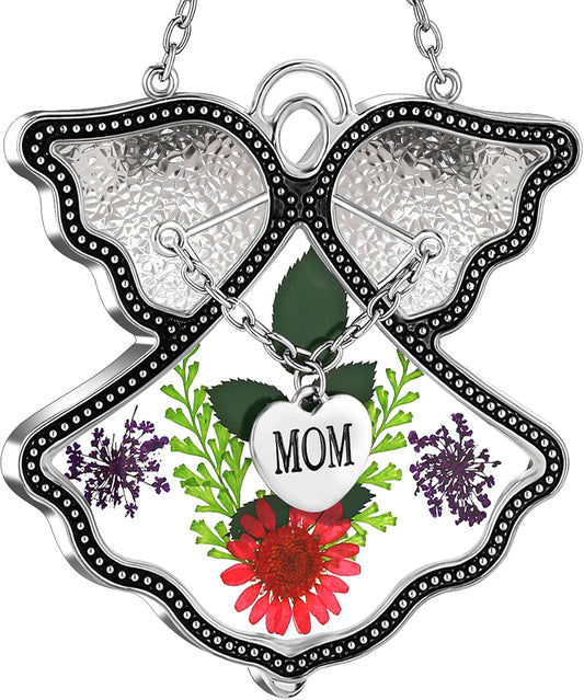 KY&BOSAM Angel Suncatcher Mom Stained Glass for Windows Hangings Wind Chime with Pressed Real
