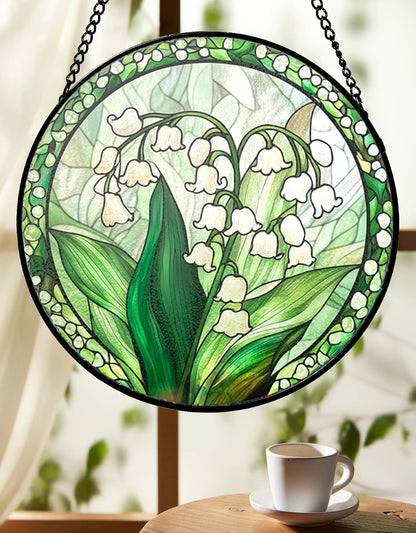 Lily of the Valley Stained Glass Sun Catcher - Handmade 7.87 inches stained glass window hanging decoration with green plant pattern, home decoration, a unique gift for colleagues, friends and family.