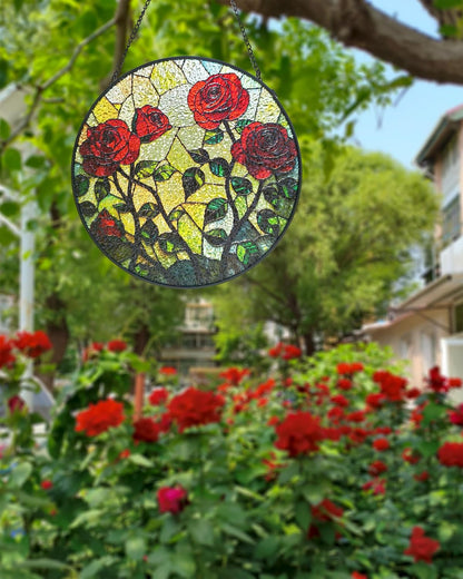 Floral Stained Glass Window Hanging - Rose Design Handmade Suncatcher, Luyseyha 8 Inch Sun Catcher for Windows, Home, Garden, Office, Christian Gift