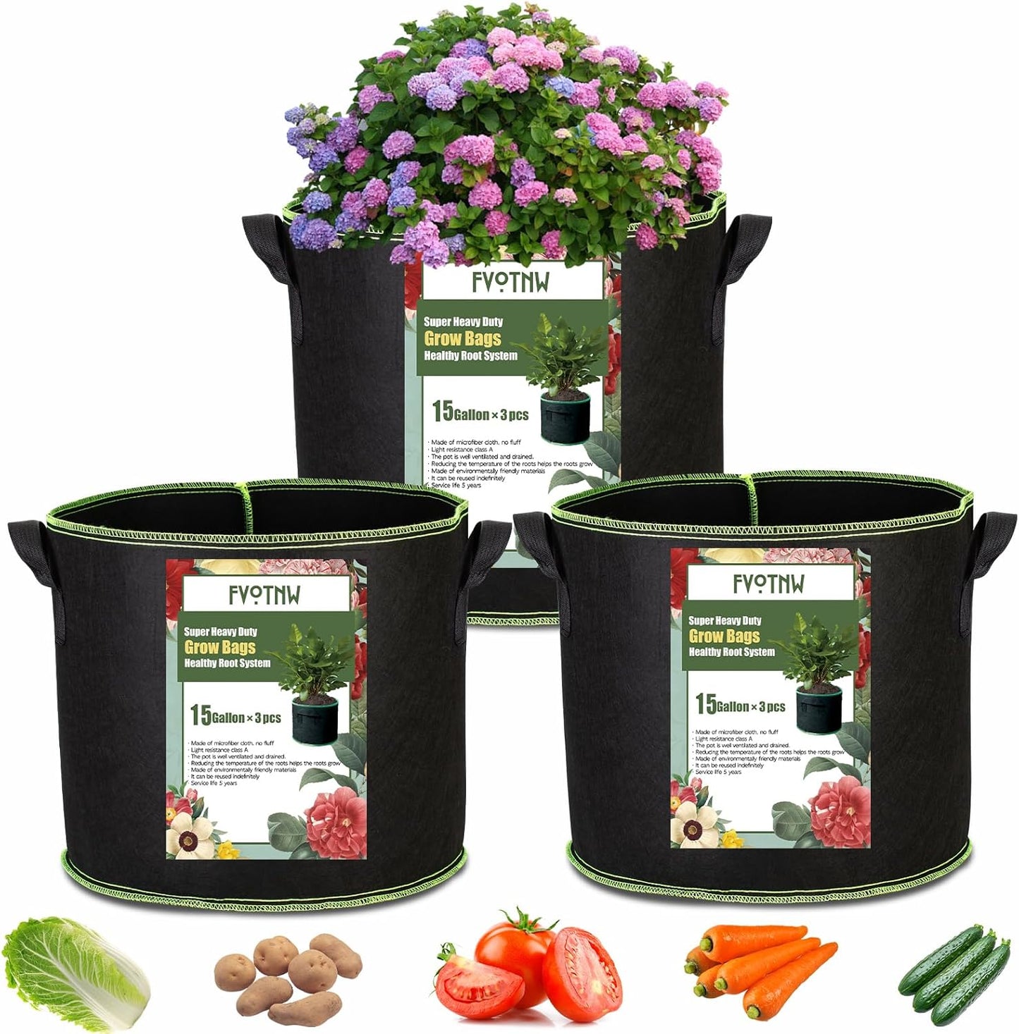 3-Pack 15 Gallon Plant Grow Bags, Thickened Nonwoven Fabric Pots with Handles,Durable Garden Planters Aeration Gardening Container to for Plants, Vegetables, and Flowers