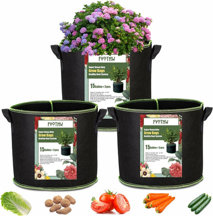 3-Pack 15 Gallon Plant Grow Bags, Thickened Nonwoven Fabric Pots with Handles,Durable Garden Planters Aeration Gardening Container to for Plants, Vegetables, and Flowers
