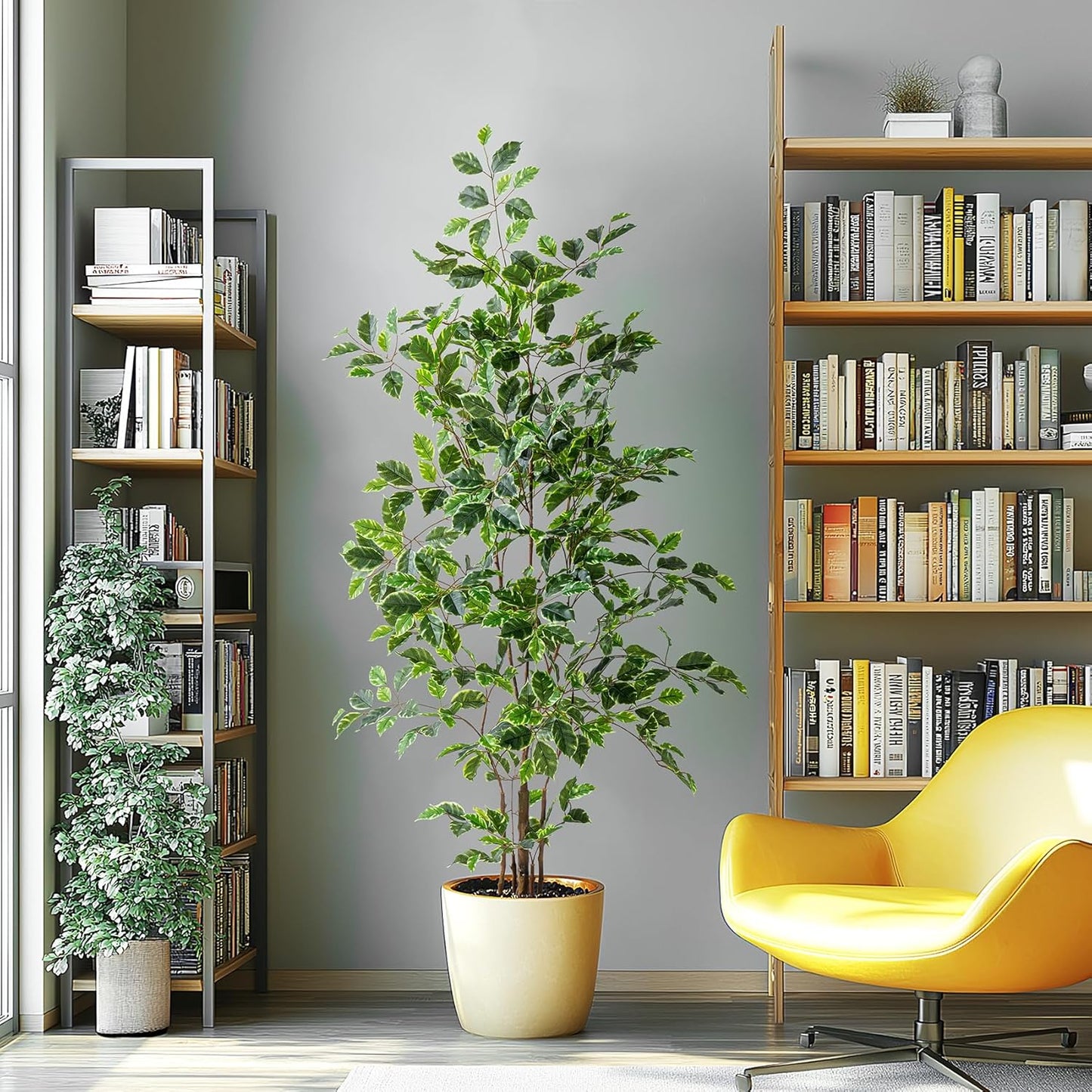 Artificial Ficus Tree Indoor 5ft, Large Potted Faux Tree with Realistic Silk Leaves & Trunk for Home Office, Living Room Corner Decor