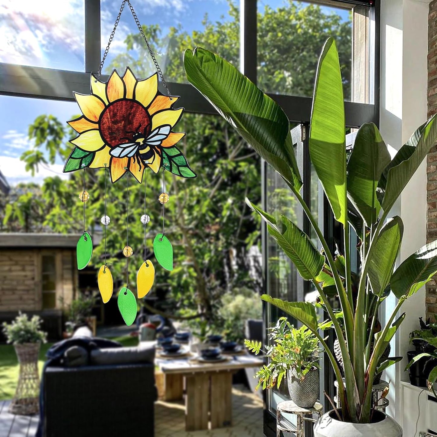 Stained Glass Suncatcher, Sunflower and Ladybug Window Hanging, 20 x 8 inches, Hand-Painted (Style 2)
