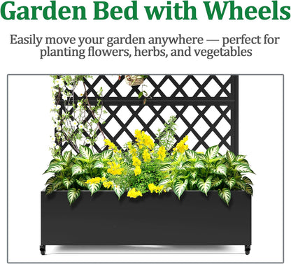 Metal Raised Garden Bed with Trellis and Wheels, 2 in 1 Trellis with Planter Box & Privacy Screen for Climbing Plants, Outdoor Standing Flower Beds with Drainage Holes, 47.2''L×15.7''W×70.9''H, Black