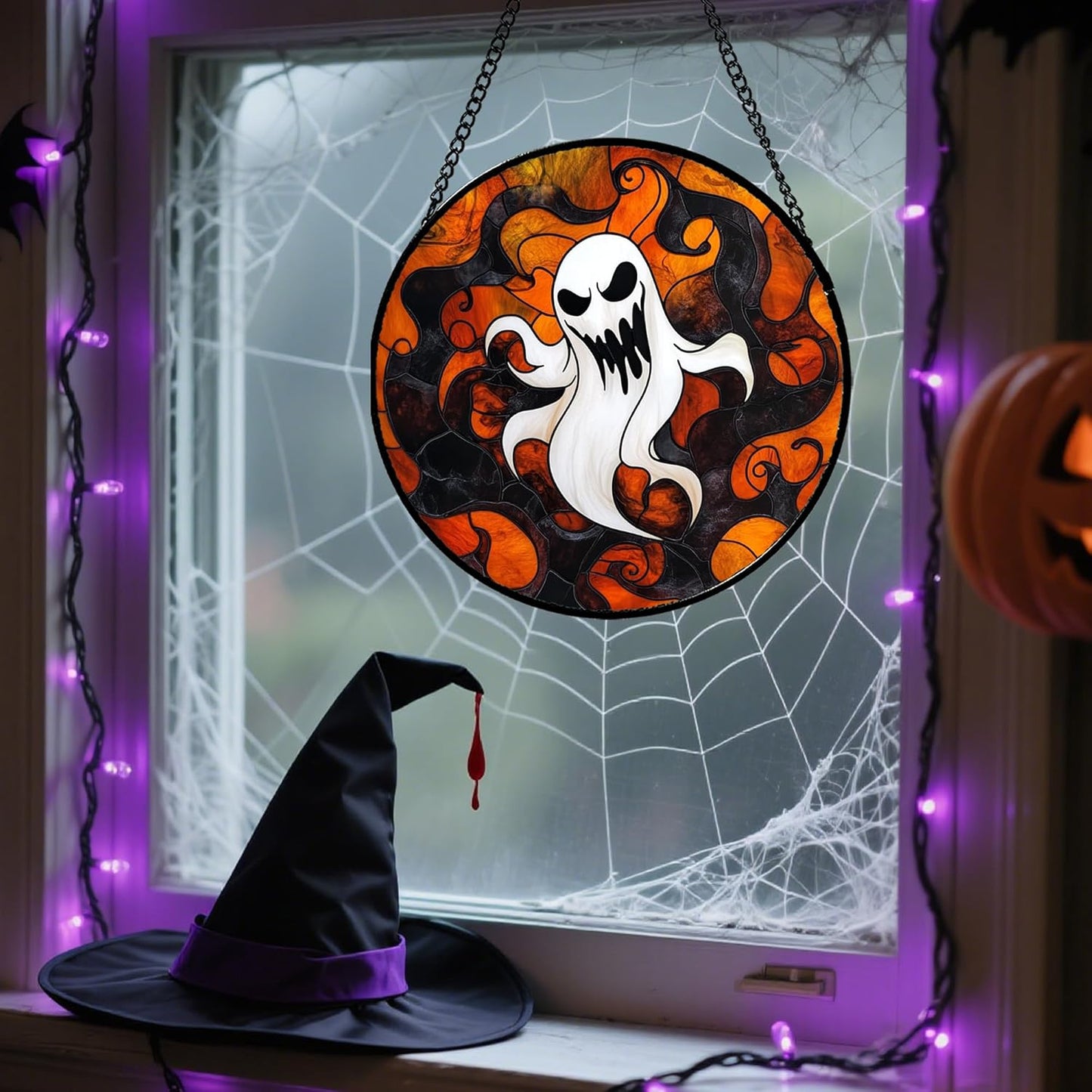 Stained Glass Window Hanging - Halloween White Ghost Suncatcher for Doors Window Garden Indoor Spooky Funny Orange Sun Catchers Gothic Decor Horror Gifts for Women Men Friend 11.8 in