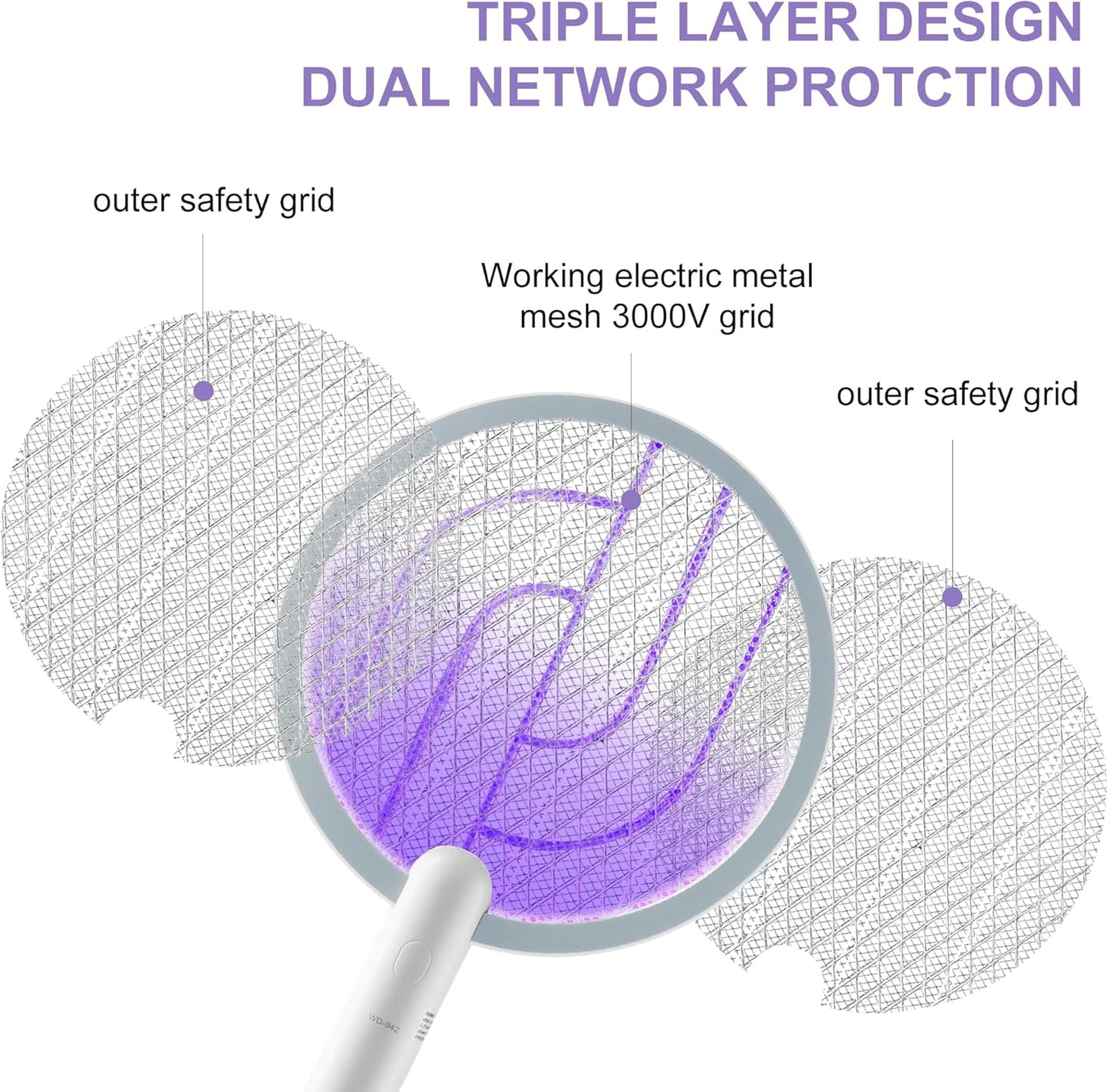 Electric Fly Swatter 3000V Bug Zapper Racket, 1200mAh Rechargeable Raqueta Electrica Mosquitos Hand Held Dual Modes Mosquito Killer with Purple Mosquito Light for Indoor Outdoor - 2Pack