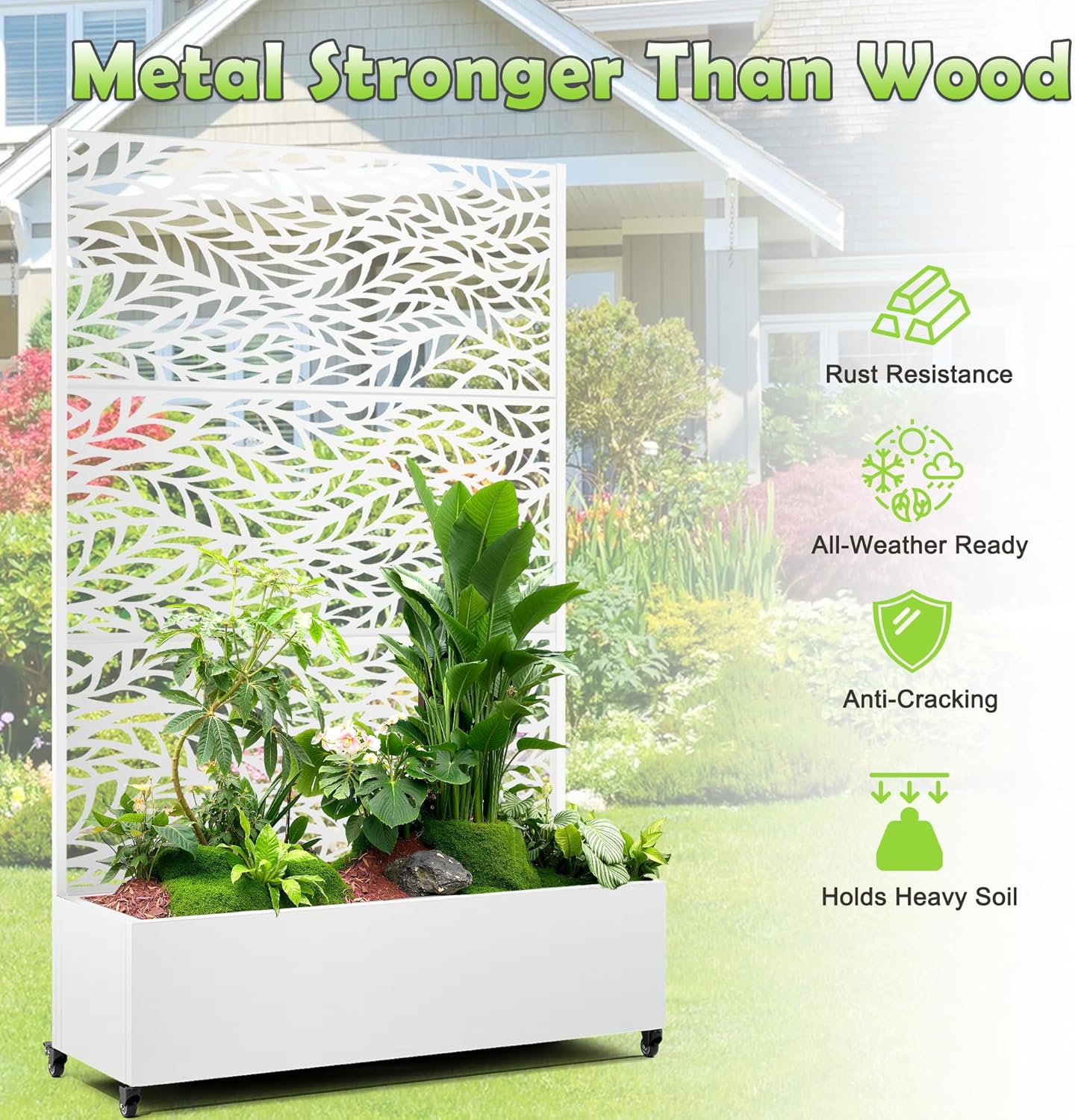 15.7"×70.9"×47.2" Metal Raised Garden Bed with Trellis and Wheels - Tall Trellis Planter Box for Climbing Plants, Vegetables & Vines - Outdoor Privacy Planters for Patio (White-Spring)