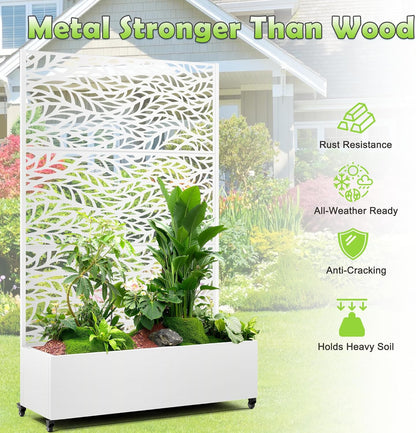 15.7"×70.9"×47.2" Metal Raised Garden Bed with Trellis and Wheels - Tall Trellis Planter Box for Climbing Plants, Vegetables & Vines - Outdoor Privacy Planters for Patio (White-Spring)