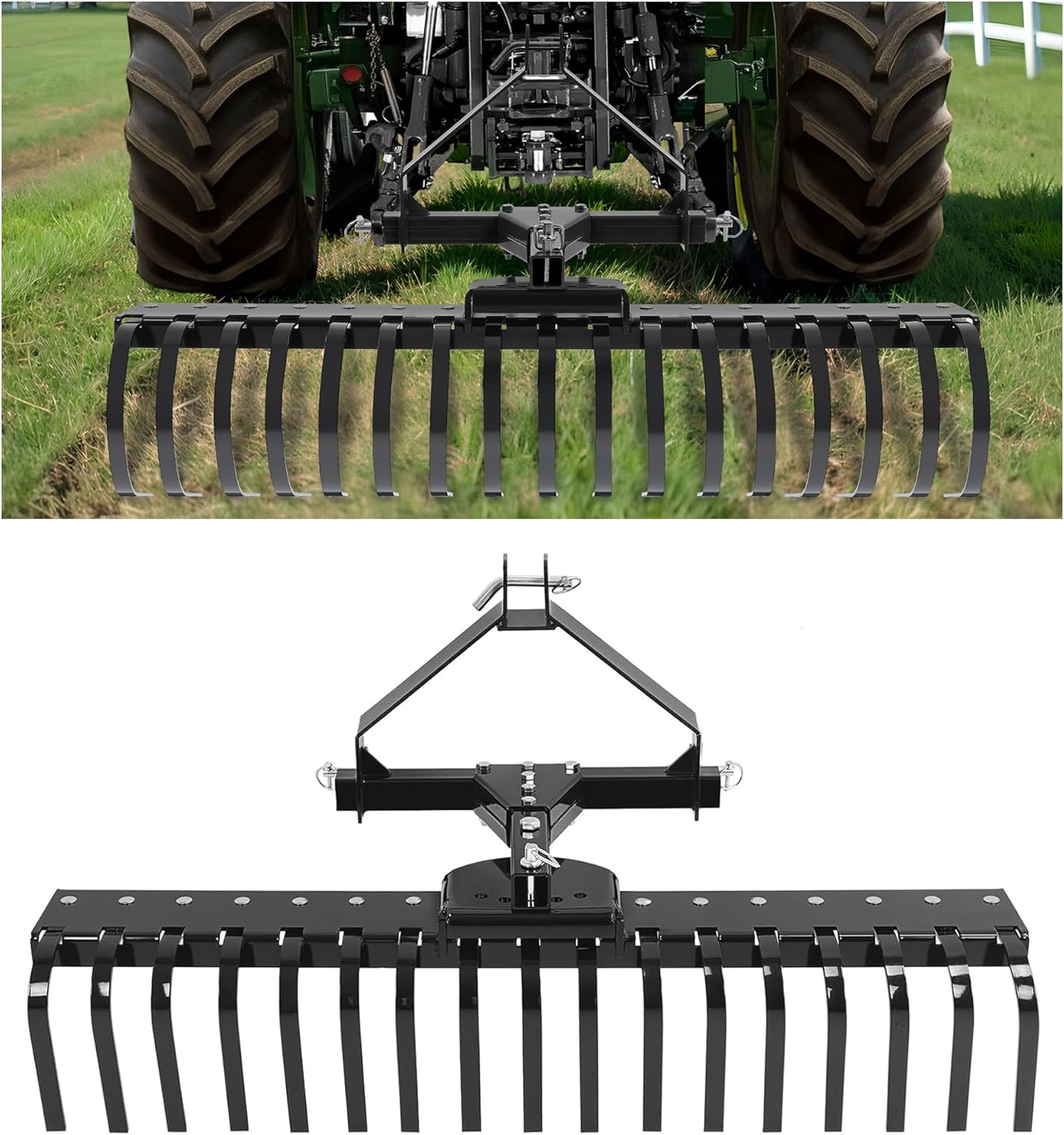 KUAFU 50" 3 Point Landscape Rake for Category-0 Cat-0 Tractor with 360 Degree Rotation, Replaceable Spring Tines and Pin Hith, Rock Attach Rake Tow Behind Dethatcher for Lawn, Garden, Farm, Grass